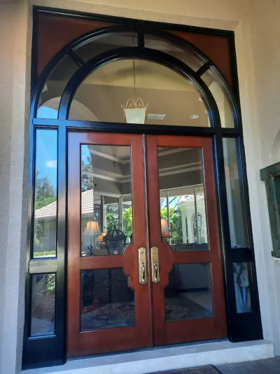 Custom mahogany entry door after refinishing