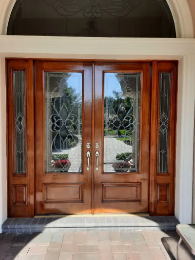 Dark mahogany double entry doors refinished in University Park